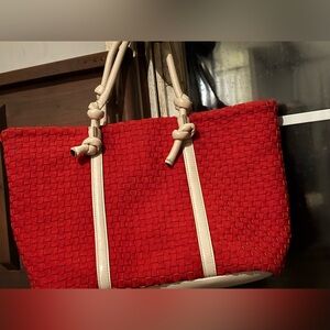 Vibrant Red and Cream Woven Tote with Nautical Straps